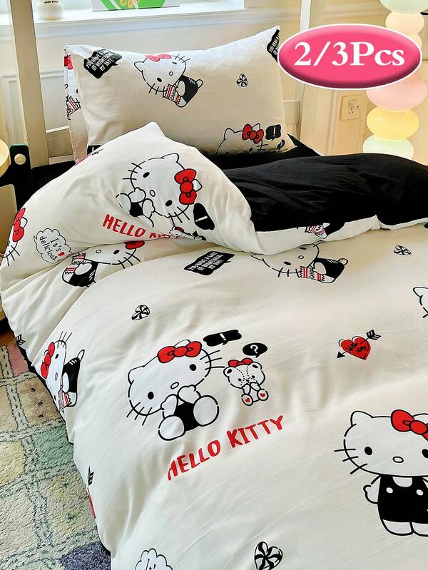 Sanrio Cute Print 2/3pcs Bedding Set - Hello Kitty/Kuromi/Cinnamoroll/Pochacco (1pc Duvet Cover + 1/2pc Pillowcase, No Filling) Cartoon Full Size, Soft & Comfortable, Suitable For Dorm, Home Bedroom, Hotel, All Seasons, With Zipper Closure And Pillowcase, Multi-Color Durable, Oversized Bedding, Oversized Duvet Cover Set