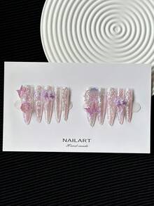 40mm Unghie finte a stiletto extra lunghe fatte a mano, punte per unghie multicolore con fiocco, perle e accessori floreali, unghie sfumate a occhio di gatto glitterate, combinazioni creative di motivi Y2K, design a blocchi di colore 3D, unghie finte lucide e complete, 10 pezzi/confezione