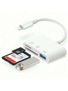 1个带双USB接口和三USB 3.0适配器的SD读卡器，用于读取SD/TF卡，兼容MacBook/iPad/15 Pro Max/15 Pro/15 Plus/15/14/13/12/11/XS/XR/8/7/6以及各种Type-C或Lightning接口的设备，即插即用。1个SD读卡器数码相机适配器，USB三合一相机适配器，适用于 14/13/12/11/X/8/7/iPad和Micro SD卡适配器。