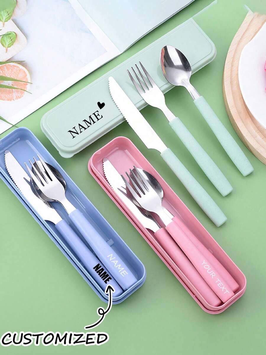 Personalized 3 In 1 Cutlery Set,Personalized Camping Utensil Set With Storage Box, Reusable Spoon Knife Fork, Portable Travel Utensil, Friendly Plastic Box For Travel Picnic Camping Or Daily Use, Great For Students, Travel And Kitchen Use Back To School,For Anniversaries, For Valentine's Day, For Mother's Day, For Birthdays,For Father's Day, For Graduation, For Weddings, For Housewarming Dining Room,Office