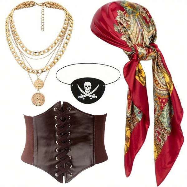 4-Piece Pirate Costume Accessories: Headscarf, Belt, Necklace, Hat, Eye Mask, Essential For Women's Pirate Costume Party Masquerade