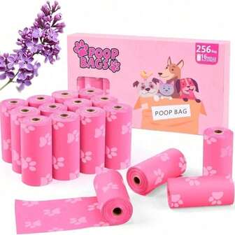 Poop Bags Rolls 256 Count - 9x13 Inches Pink Thickened Leakproof Lavender Scent Poo Bags For Dogs, Pet Waste Bags For Walking,Travel,Home.