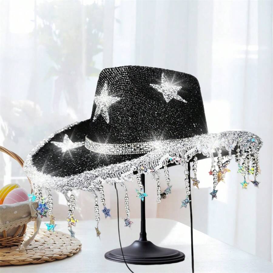 Women Sparkle Cowgirl Hats Bling Rhinestone Star Cowgirl Hats Bachelorette Party Hat Accessories - 黑色 - 查看 1