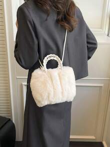 女士毛绒小水桶包，时尚简约手提包，毛茸茸休闲托特包，百搭可爱女士包，配有编织肩带和抽绳，新款女士皮草包 - 彩色 - 查看 8