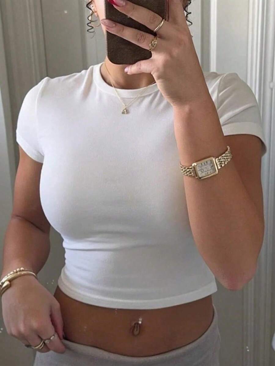 Women's Solid Color Round Neck Short Sleeve Short Slim Fit Casual T-Shirt - 白色 - 查看 1