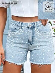 Quần short denim đính ngọc trai giả thời trang cỡ lớn dành cho nữ, thích hợp mặc vào mùa xuân/hè, mặc hàng ngày, tiệc sinh nhật, du lịch, biểu diễn sân khấu, sân bay - Màu xanh lam - Xem 2
