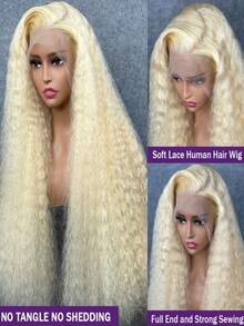 613 180 Density Kinky Curly Human Hair Wig With Baby Hair 13x4 HD Transparent Deep Wave Lace Front Wigs Human Hair Pre Plucked Bleached Knots Brazilian Virgin Blonde Glueless Wigs For Women 38inch - 金色 - 查看 2