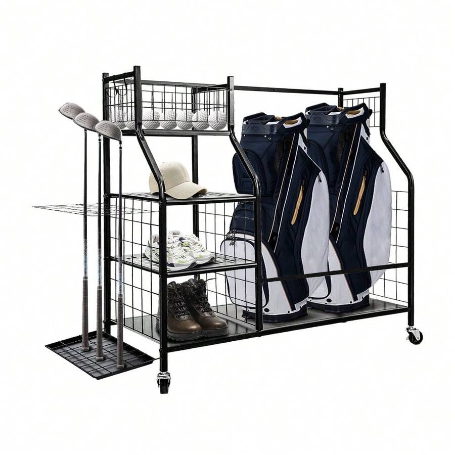 Shoze Golf Storage Rack With Wheels Oversized Golf Club Storage Rack Golf Bag Rack With Accessory Rack Heavy-Duty Golf Storage Rack For Garage Shed Basement - Black - View 1