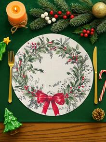 4Pcs Vintage Christmas Round Linen Placemats,Merry Christmas Dining Table Mats With Xmas Musical Symbols, Berry Green Leaf & Red Bow Wreath Design,Western Meal Table Pad,Christmas Party Decor,Christmas Decorations For Home,Xmas Decor,Kitchen Decor,Tabletop Decor,Holiday Party Supplies,Coffee Table Decor,Restaurant Supplies,Winter Decorations,New Year Party Supplies