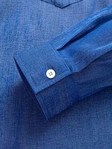 Men's Solid Color Denim-Like Breathable Comfortable Material, Pleated Pocket Design, Turndown Collar, Full-Button Closure, Contrast Button Decor, Suitable For Casual, Fashion, Commuting, Street Style, Spring/Autumn Long Sleeve Shirt - 藍色 - 查看 5