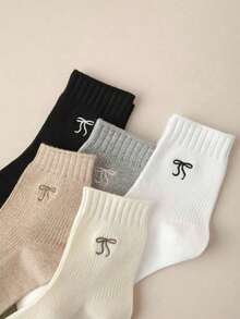 5 pares de meias femininas, quentes e macias, com bordado de laço, casuais, para casa, festa, meias esportivas para outono/inverno