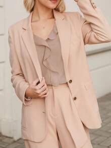 tooluck Women's Solid Color Casual Elegant Ruffle Pocket Zipper Office Shirt - Khaki - View 5