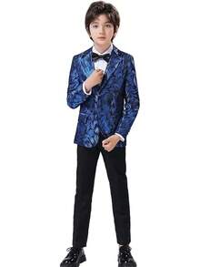 Teen Boy Jacquard Tuxedo 3 Piece Suit Set - Bow Tie Included For Wedding Prom - Blue - View 2