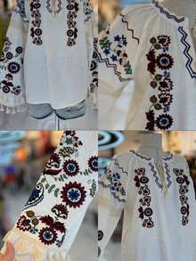 女士刺绣亚麻花卉印花休闲优雅流苏刺绣衬衫，适合度假 - 白色 - 查看 5