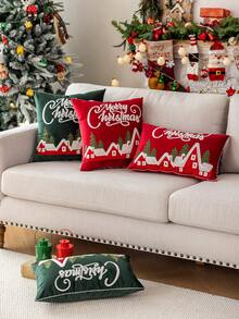 1pc Christmas Snowhouse Embroidered Plush Velvet Cushion Cover, Soft & Comfortable Christmas Decorative Pillow Sham, Fits Multiple Room Styles, Pillow Insert Not Included Home Decor Christmas Decorations Room Decor Christmas Decorations Home