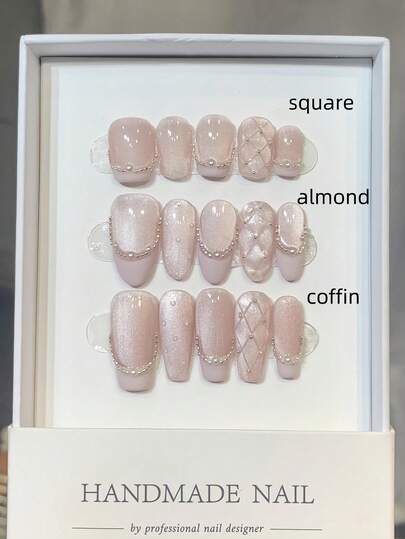 10 件手工指甲方形杏仁棺材指甲按压指甲短中长，可爱的粉色指甲，法式尖头指甲手绘波尔卡圆点格纹图案，珍珠链镶嵌，优质普遍讨人喜欢的指甲尖，简单前卫优雅手工秋季指甲，现代美学秋季指甲，派对日常和约会使用海滩热带度假适用，DIY 假指甲适合女性和女孩作为礼物指甲用品 - 卡片纸随机