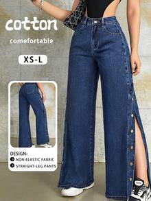 时尚复古侧开衩纽扣门襟阔腿牛仔裤，适合春夏秋冬、返校、晚宴和休闲装 - 藍色 - 查看 1