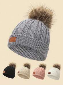 1pc Solid Color Baby Pom Pom Knit Hat With FAS JEANSPU Label, Cable Knit Design, Suitable For Autumn/Winter Daily Warmth And Cold Protection - 1PC - View 2