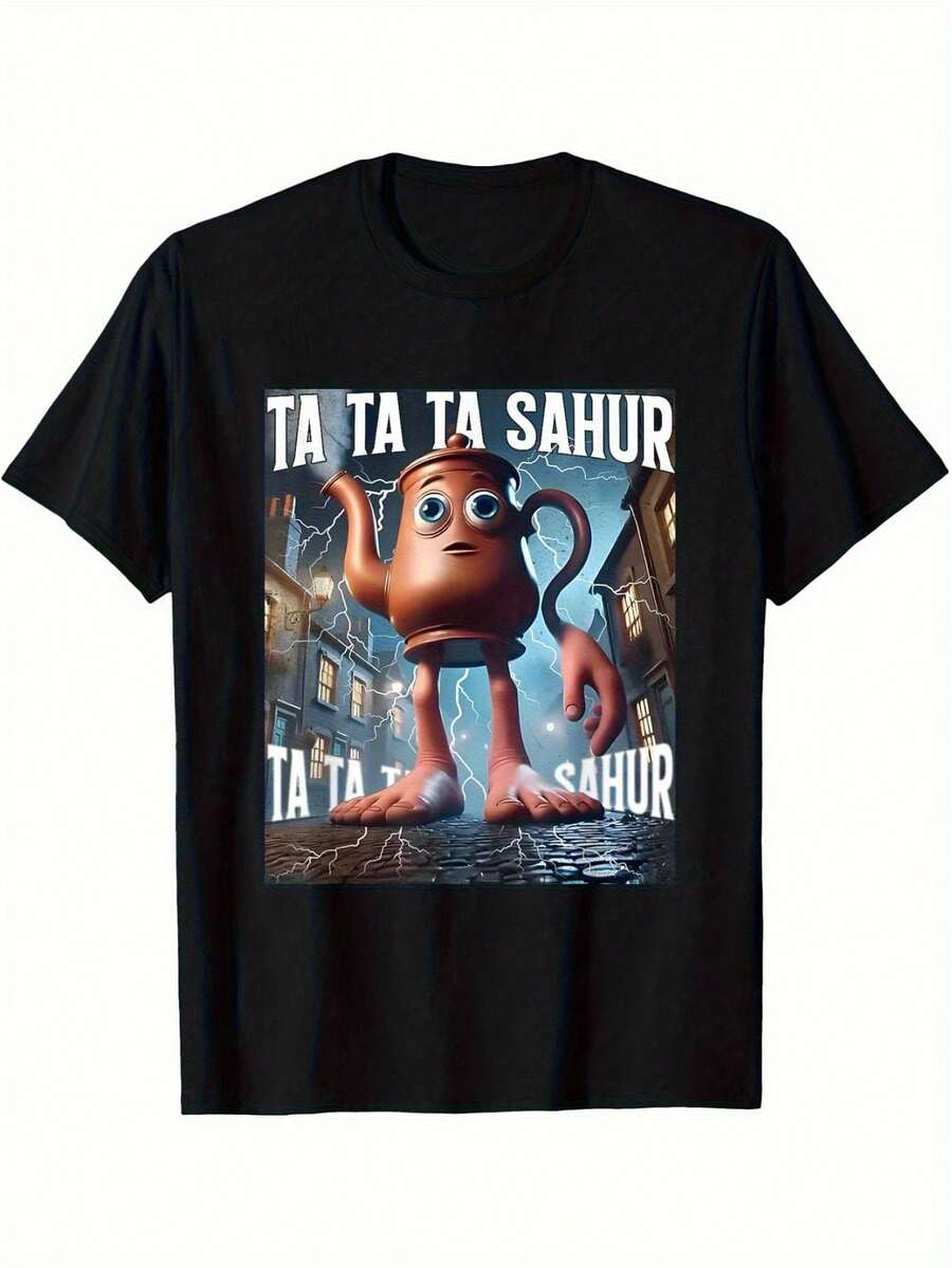 Camiseta de Concientización sobre la Parálisis Cerebral Italiana para Hombres con Impresión Inspiradora Ta Ta Ta Sahur y Diseño de Personaje Divertido - Camiseta Casual de Cuello Redondo Negra de Ajuste Regular, Comodidad Opaca para Todas las Estaciones, Fácil de Cuidar para la Promoción y Estilo Diario - Negro - Ver 1