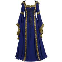 Medieval Retro Hooded Square Neck Solid Color Fine Lace Trumpet Sleeves Big Swing Dress, One Piece Hair Replacement - Màu Khaki - Xem 4