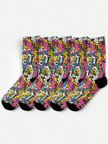 3D立体印花男士袜子 - 街头风船袜，全身印花，色彩鲜艳，图案幽默，经久耐穿，情侣袜，嘻哈时尚袜，适合日常、假日、派对穿着，也是一份很棒的礼物 - 粉色 - 查看 3