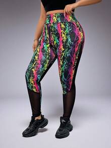 1 件女士加大码时尚性感高腰运动印花撞色网眼多功能户外骑行瑜伽紧身裤 - 黑色 - 查看 3