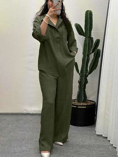 Ensemble deux pièces décontracté pour femmes, couleur unie avec poches et boutons devant. Tenue de tous les jours, printemps/automne