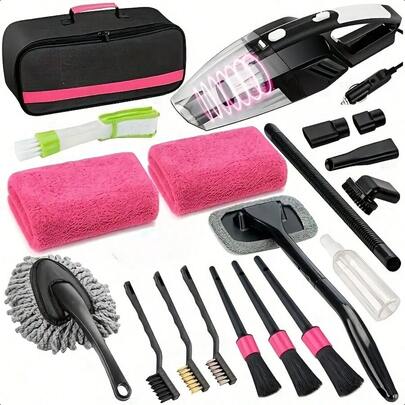 19pcs Car Cleaning Wash Kit Interior Detailing Cleaner Kit With High Power Handheld Vacuum, Brush Set, Windshield Tool, Duster, Towels, Complete Car Care Tools