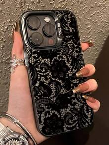 1pc Fashionable Personalized Lace Flower Printed Pattern With Independent Button IMD Anti-Fall Anti-Slip Black Phone Case Compatible With IPhone 16 ProMax/16/16 Pro/16 Plus/15/15 ProMax/15 Pro/11/12/13/14 ProMax/11 Pro/11 ProMax/12 Pro/12 ProMax/13 Pro/13 ProMax/14 Pro/14 ProMax, Creative High-End - Multicolor - View 3