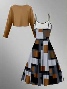 1 套几何图案女士两件套休闲家居服，适合秋季 - 棕色 - 查看 2