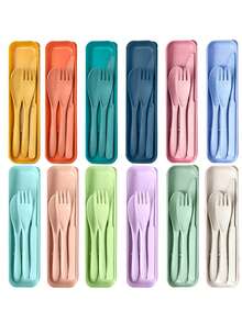 4件套可重复使用旅行餐具套装，带收纳盒，便携式塑料叉勺刀，露营餐具套装，成人午餐餐具，户外野餐餐具，厨房用具，学习用品，返校季 - 彩色 - 查看 8