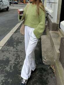 Vivid Style Women's Short Sweater, Loose Cuffs, Crew Neck Pullover, Casual & Versatile, Soft & Comfortable, Wool-Like Texture, Retro Street Style Knit Sweater Top, Suitable For Christmas, Christmas Sweater, New Year Fashion