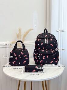 3pcs Backpack Set - Fashionable Large Capacity Backpack + Lunch Bag + Pencil Case, With Laptop Compartment, Strawberry Pattern Backpack, Adjustable Shoulder Straps And Spacious Multi-Pockets - Lightweight Zipper Bags, Suitable For Women/Girls/Students/Teens/Graduates, Perfect For Outdoor/Travel/Middle School/High School/College - Black - View 11