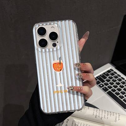 Striped Wine Glass Pattern Phone Case Compatible With IPhone 16 Pro Max, 15/14 Plus, 13, 12, 11, Electroplated Button Protection Cover