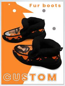 万圣节男士定制冬靴，个性化定制您的照片和有趣的眼镜，温暖的毛绒衬里，舒适宜人，送给妈妈/爸爸/她/他/女朋友/男朋友/妻子/丈夫/朋友的有趣万圣节礼物，独特的万圣节装饰鞋 - 黑色 - 查看 4