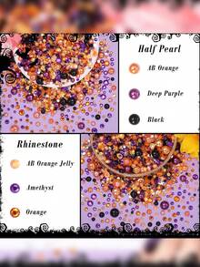 2 Boxes Mixed Pearls And Rhinestones For Nail Art, Crafts, Orange Purple Black Halloween Flat Back Pearls For Nails, With Tweezers And Wax Pencil, Embedded With Sparkling Gemstones For DIY Face, Eyes, Cosmetics, Roller, Bottle Making - Orange - View 4