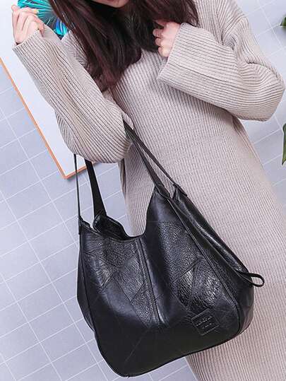 Women Medium Hobo Bag Stitch Detail PU Tote Bag