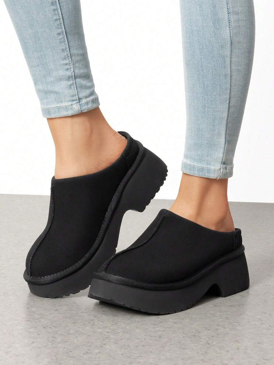 Women Platform Mules Wedge Closed Toe Clogs Faux Suede Slip On Memory Foam Non-Slip Lightweight Casual Slippers Shoes Autumn Winter - 黑色 - 查看 1