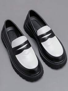 2025 New Men's Formal Slip-On Loafers [ Street Style], Black & White Patchwork Thick Sole Loafers, British Style Slip-On + Premium Leather Patchwork, Unique Serrated Outsole For Height Increase & Slimming, Suitable For Casual, Business And Various Styles