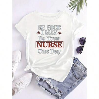 Women'S "Be Nice I May Be Your Nurse One Day" Heartbeat Line Graphic T-Shirt - Casual Black Short Sleeve Tee With Red Heartbeat Design, Perfect For Summer & Casual Attire, Everyday Tshirt | Playful Graphic Tee | Comfortable Fit It Is Preferred With Jeans, Slacks, And Beach Pants