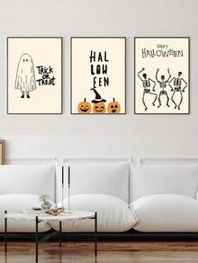 3pcs Halloween Canvas Wall Arts Set - Vibrant Skull & Pumpkin Prints , Frameless Polyester Posters, Perfect For Living Room, Bedroom, Hallway Decor, Halloween Decorations, Perfect For Fall Room Decor Home Decor Fall Decor
