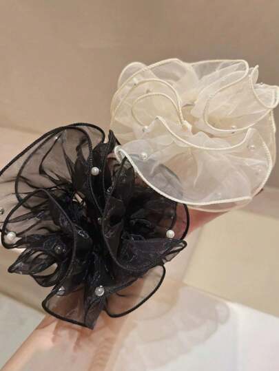 1pc Women's French Retro Organza Pearl Hair Scrunchie, Fashionable High-End Stylish Hair Accessory For Daily Use, Spring/Summer Hair Ties Ponytail Holders Hair Elastics Hair Rubber Bands Scrunchies Hair Rope Elastic Hair Tie, Hair Bobbles Hair Ties Head Accessories Elastic Band