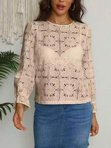 Vintage Lace Hollow Floral Round Neck Long Flared Sleeve Loose Blouse For Women  Blusas De Mujer Elegante Casual Dating Office Tops - Màu be - Xem 4