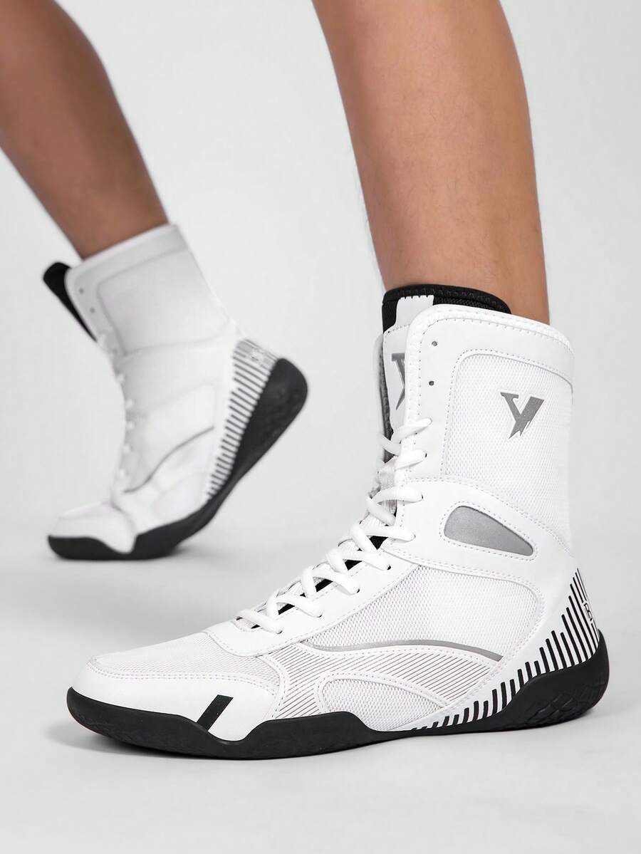 TACHUAN Sapatos de boxe profissionais de cano alto masculinos, botas de treino de luta livre, sapatos de kickboxing de Muay Thai, tênis de artes marciais fitness - Branco - Ver 1