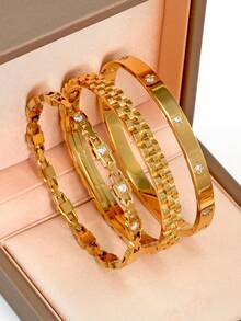 18K Gold Plated Stainless Steel Stackable Bangle Bracelet, Classic European & American Popular Chain And Four-Leaf Clover Lock Design, Cubic Zirconia Inlaid, Generous Personalized Luxury Gold Jewelry, Wedding Wrist Jewelry Set, Suitable For Girls, Women, Moms, Relatives, Friends, Beautiful Wedding, Birthday, Mother's Day, Girlfriend Valentine's Day Gift