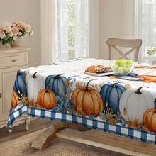 1pc Thanksgiving Tablecloth, Autumn Countryside Theme Dining Table Cover, Blue, White, Orange Pumpkin & Maple Leaf Print + Wooden Texture Background, Polyester Fabric, Lace Trim, Rectangular & Round Shapes, Suitable For Indoor & Outdoor - Rustic Kitchen & Dining Room Decor, Thanksgiving Holiday Gift, Durable Machine Washable Household Tablecloth