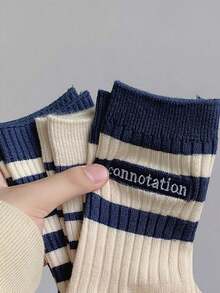 3 pares de calcetines casuales de media pantorrilla con patrón de letras acanalado azul para mujer, calcetines de otoño - Multicolor - Ver 3