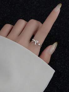 1 件方晶锆石蝴蝶结戒指，时尚奢华优雅甜美可爱风格小众设计可调节开口戒指，适合日常佩戴、派对、活动 - 銀色 - 查看 6