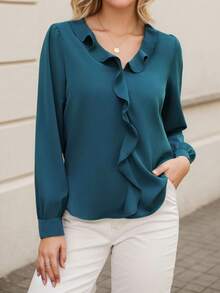 tooluck Women's Solid Color Casual Elegant Ruffle Pocket Zipper Office Shirt - 藍色 - 查看 3
