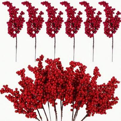 15 piezas - Adornos artificiales de bayas rojas con espino, ramas de bayas rojas artificiales de espuma, decoraciones navideñas para el árbol de Navidad, manualidades, adornos navideños, decoración del hogar, arreglos florales de seda, ramos, tallo de plantas para hacer coronas, decoración de fiestas navideñas y del hogar